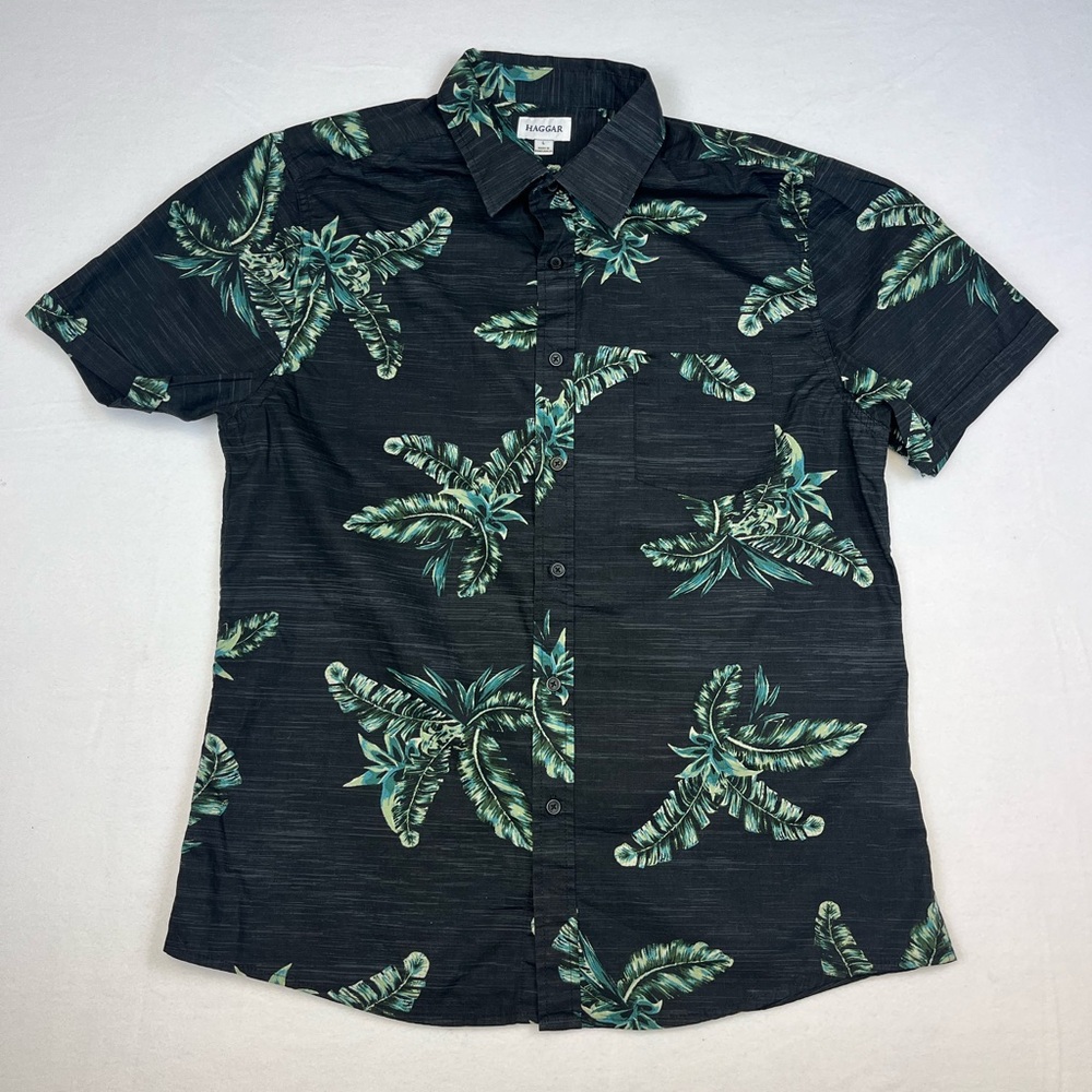 Haggar Tropical Print Short Sleeve Button Down Blue Green Men’s Large Hawaiian